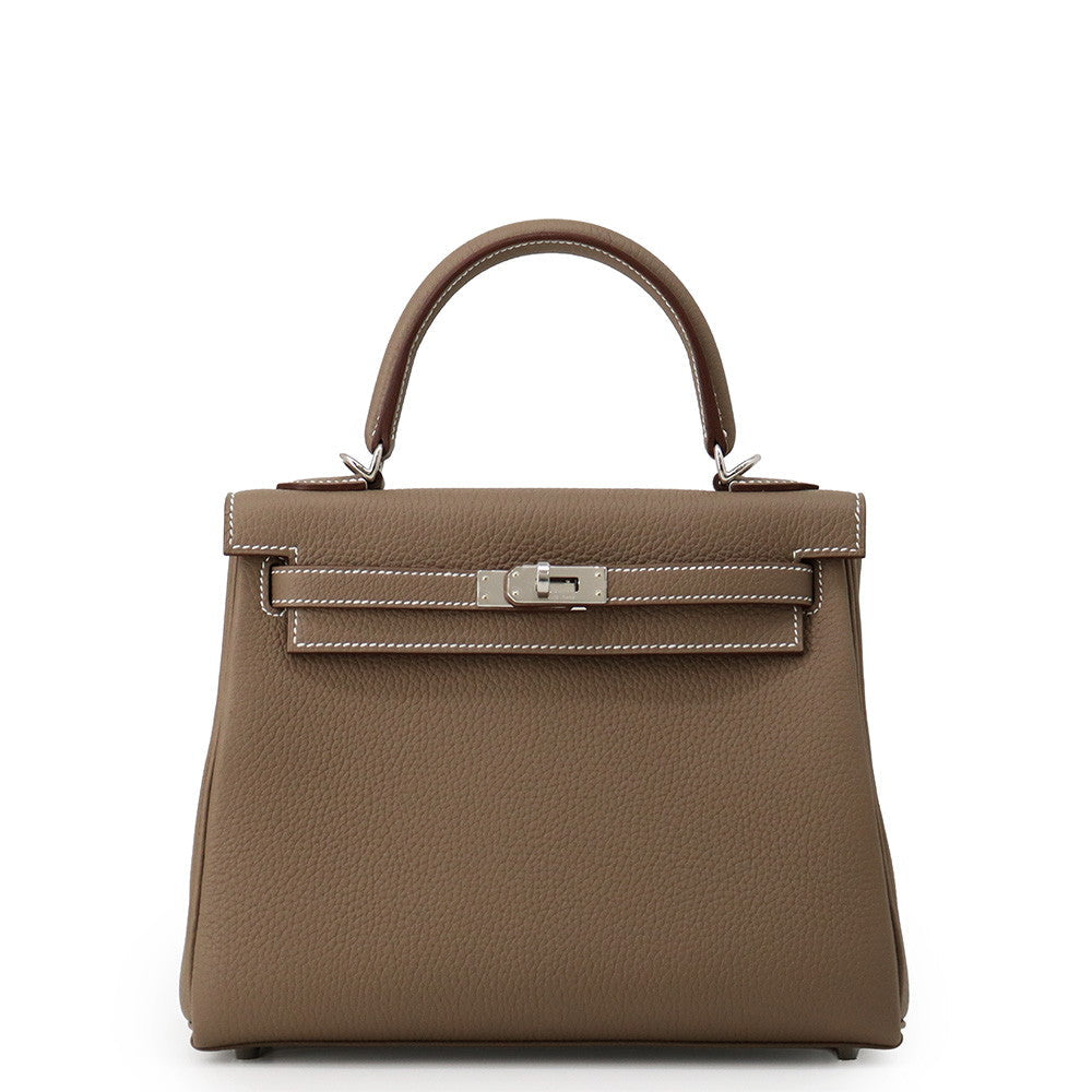 HERMÈS Kelly 25 Retourne Etoupe Togo Leather Palladium Hardware Shoulder Bag