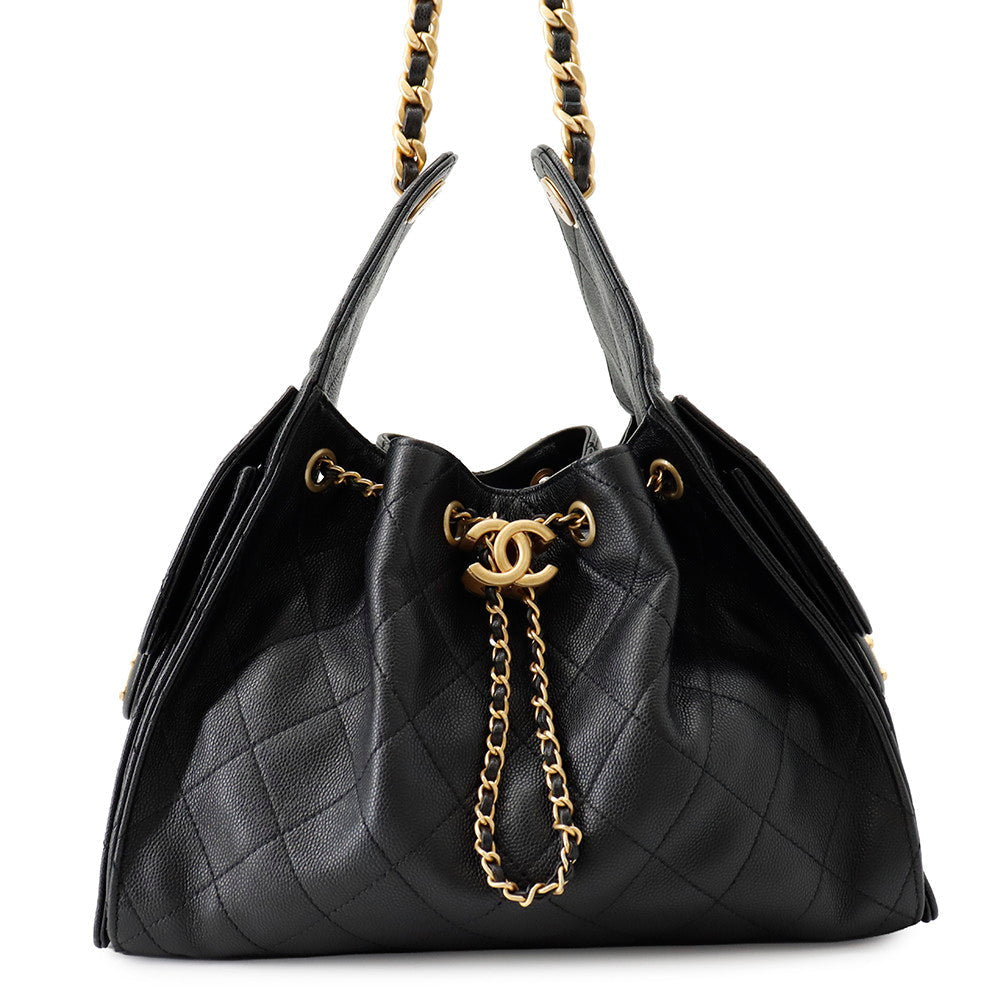 Chanel 25 Small Black Caviar Leather Shoulder Bag with Gold-Tone Hardware