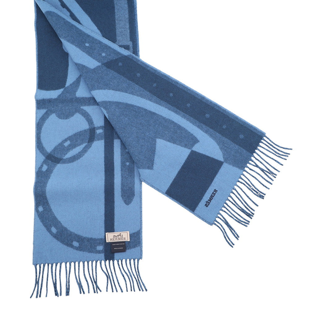 Hermès Blue Graphic Equestrian Jacquard 100% Cashmere Scarf