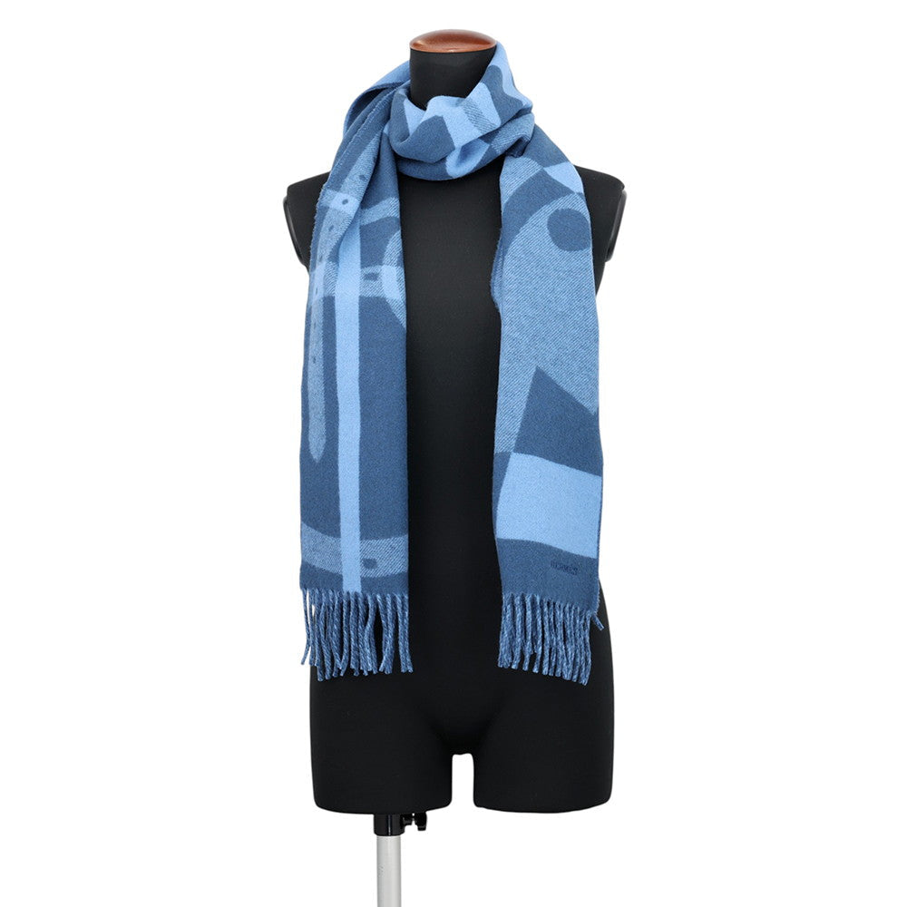 Hermès Blue Graphic Equestrian Jacquard 100% Cashmere Scarf