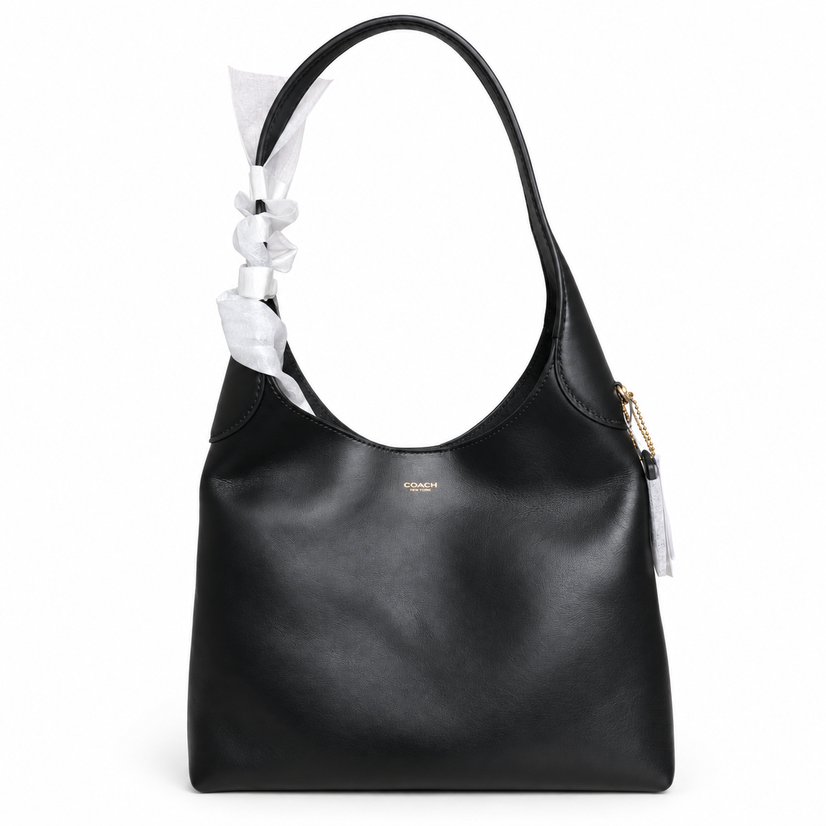 Coach Brooklyn 28 black leather shoulder bag with gold-tone Coach logo, front view