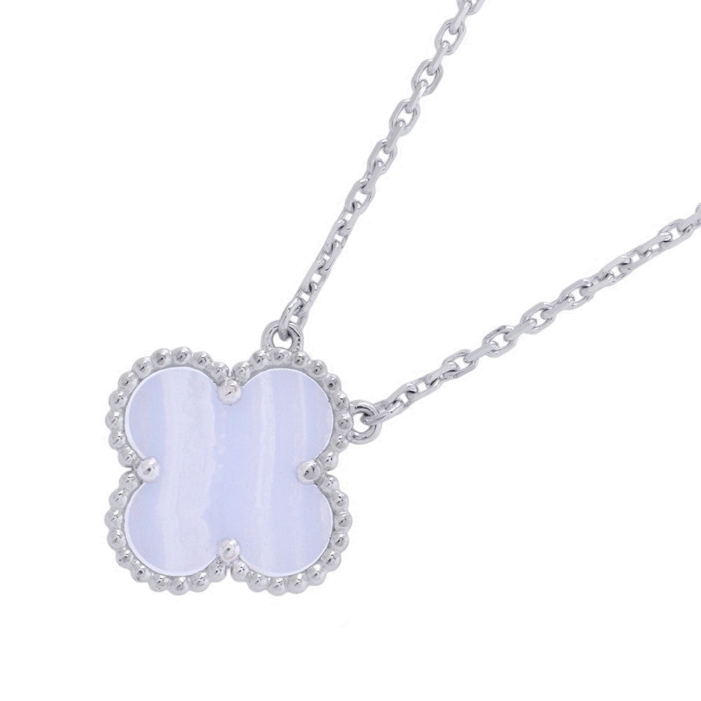 Van Cleef & Arpels Vintage Alhambra Blue Chalcedony Pendant Necklace in 18K White Gold