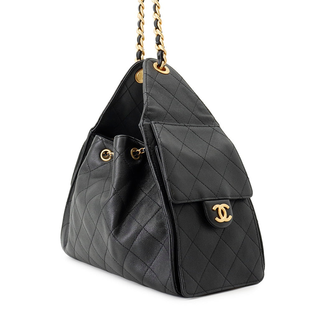 Chanel 25 Small Black Caviar Leather Shoulder Bag with Gold-Tone Hardware