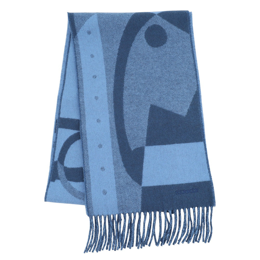 Hermès Blue Graphic Equestrian Jacquard 100% Cashmere Scarf