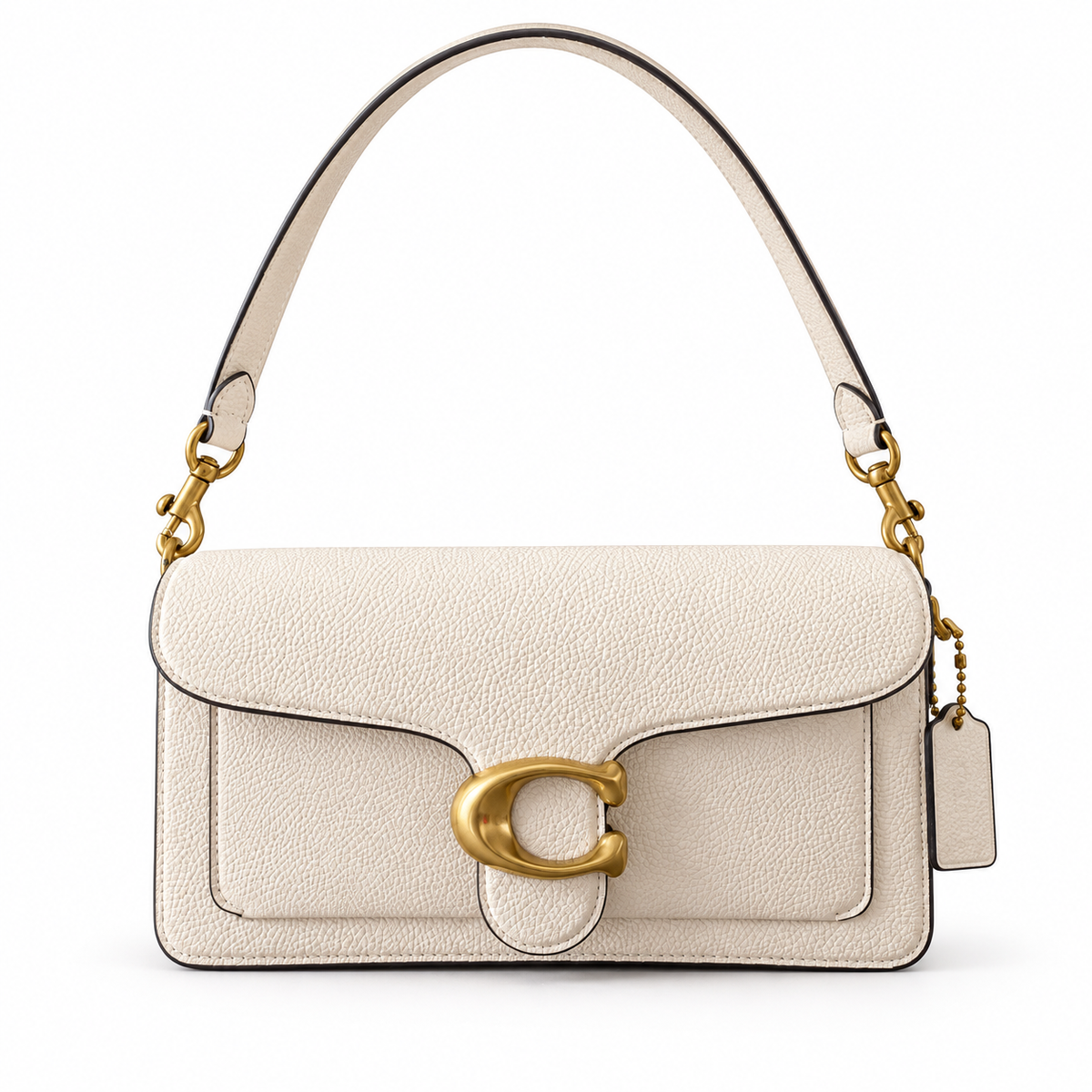 Close-up Front view image of Coach Tabby 26 shoulder in chalk color, displaying its pebbled leather and gold-tone C-shaped logo clasp on the front flap, a matching leather shoulder strap, and a small hanging leather tag