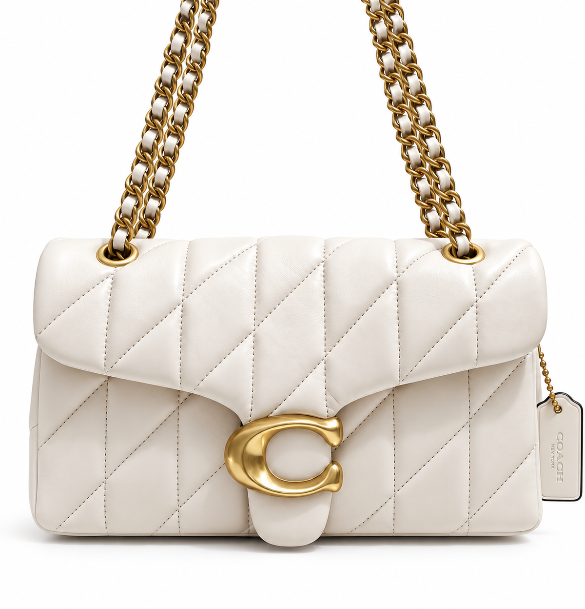 Coach Quilted Tabby Shoulder Bag 26 in Chalk White Nappa leather with brass C clasp front view
