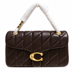 Coach Quilted Tabby 26 in Maple color and Nappa leather shoulder bag front view showing protective factory wrapping on chain strap