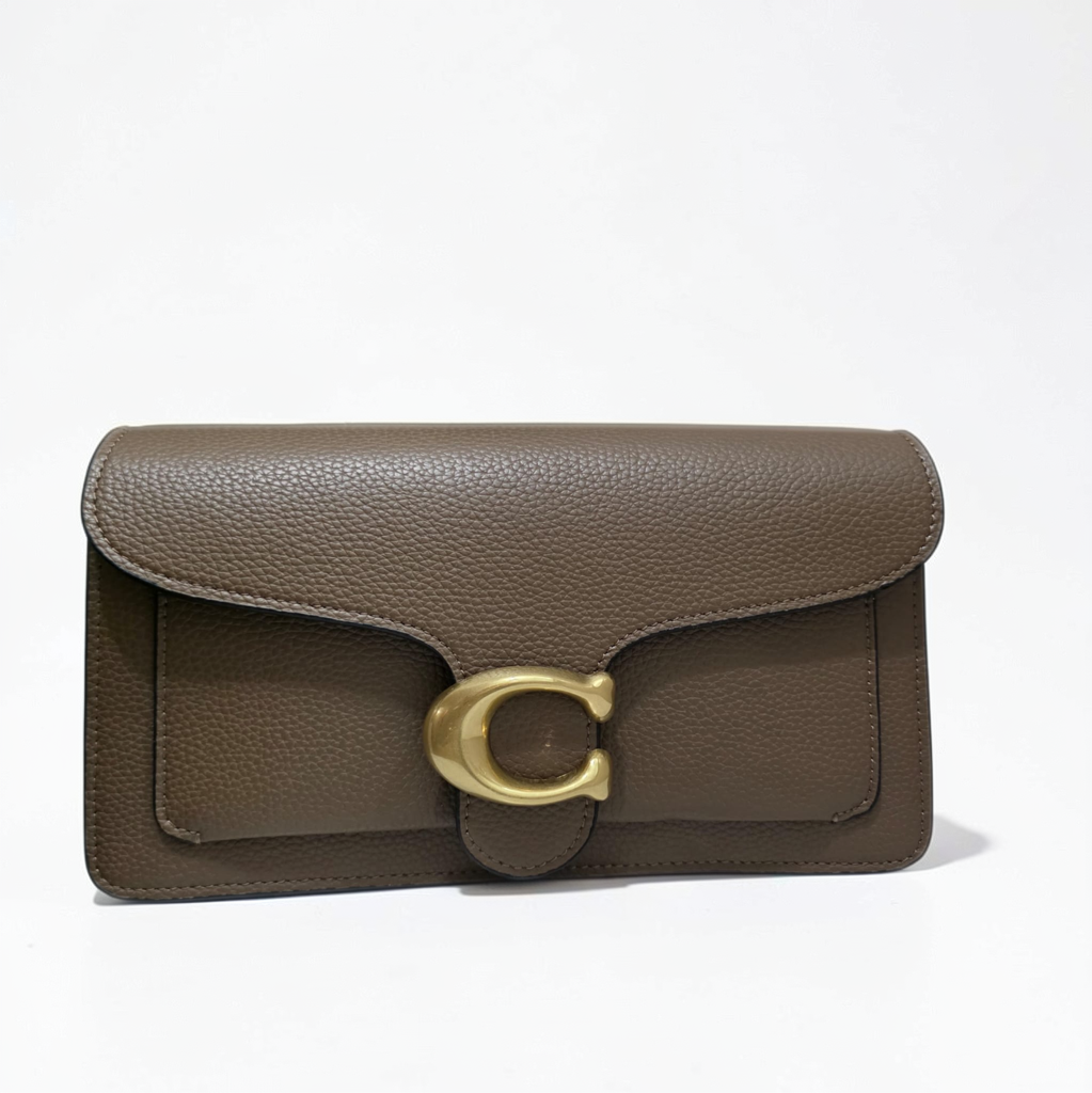 COACH Tabby Shoulder Bag 26 in Dark Stone pebble leather front view with brass C hardware