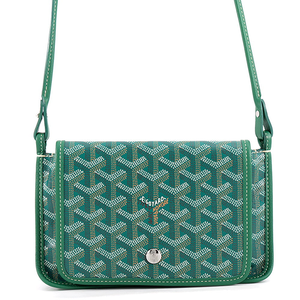 Front view of the Goyard Goyardine Plumet Crossbody Bag in Green with flap snap closure.