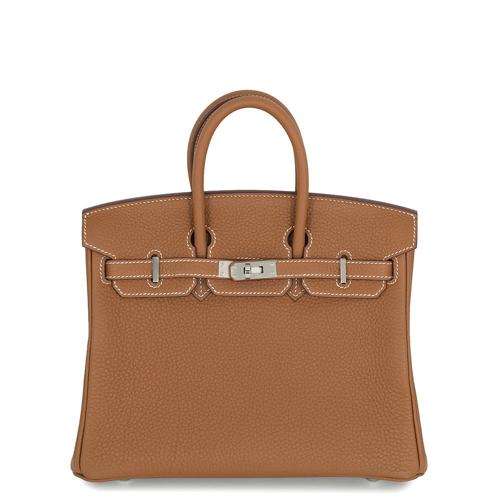 Front view of Hermès Birkin 25 in Gold Togo leather with closed sangles and PHW