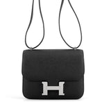 Front view of the Hermès Constance 18 in Noir Black Epsom leather with silver Palladium H clasp