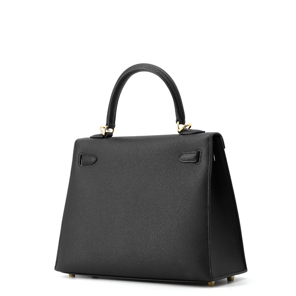 Side profile of Hermès Kelly Sellier 25 Black Epsom leather handbag
