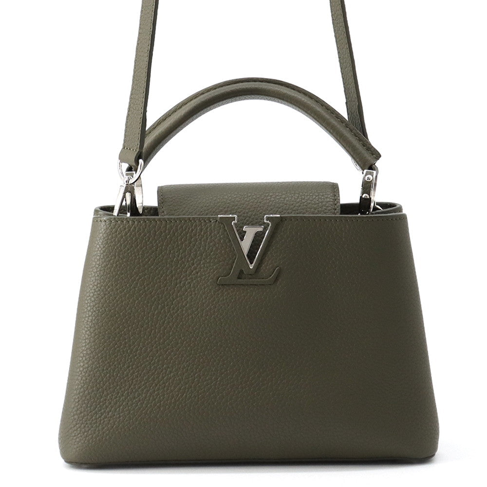 Front view of Louis Vuitton Capucines BB in Khaki Taurillon leather with LV logo