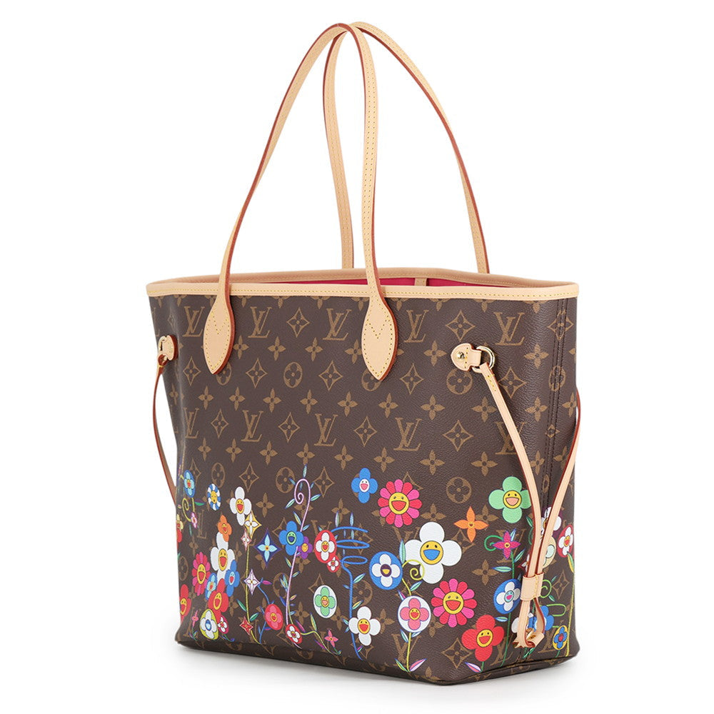 Side profile angle of Louis Vuitton x Takashi Murakami Monogram Neverfull MM tote bag