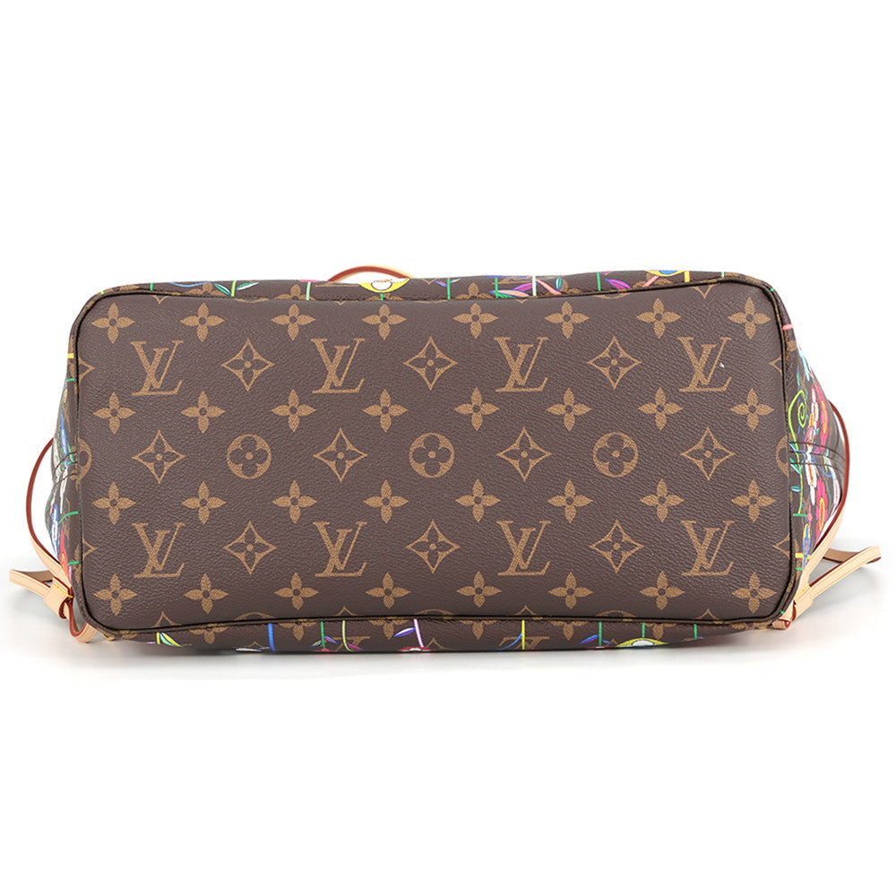 Base view of Louis Vuitton x Takashi Murakami Neverfull MM Monogram canvas tote with floral print