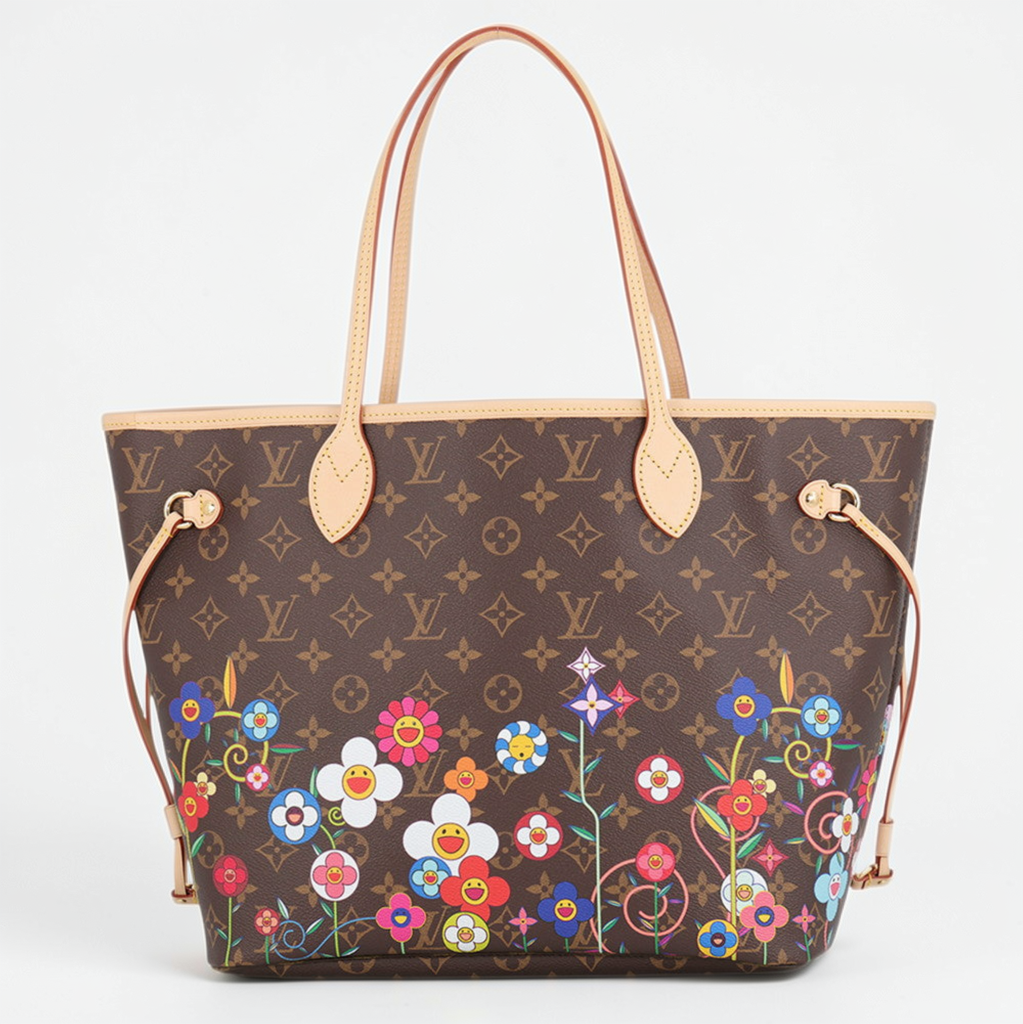 Front view of Louis Vuitton x Takashi Murakami Neverfull MM Monogram canvas tote with floral print