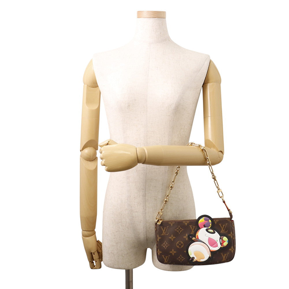 Louis Vuitton x Takashi Murakami Panda Pochette Accessoires modeled on mannequin with gold chain strap⁠