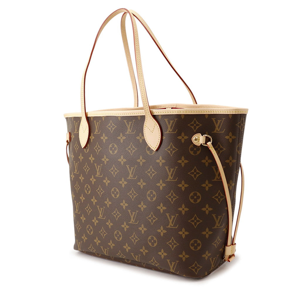 Three-quarter side angle of Louis Vuitton Neverfull MM Monogram canvas tote