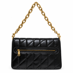 Back view of the preowned Coach Chain Tabby quilted bag showing the exterior zipper pocket and antique brass hardware.