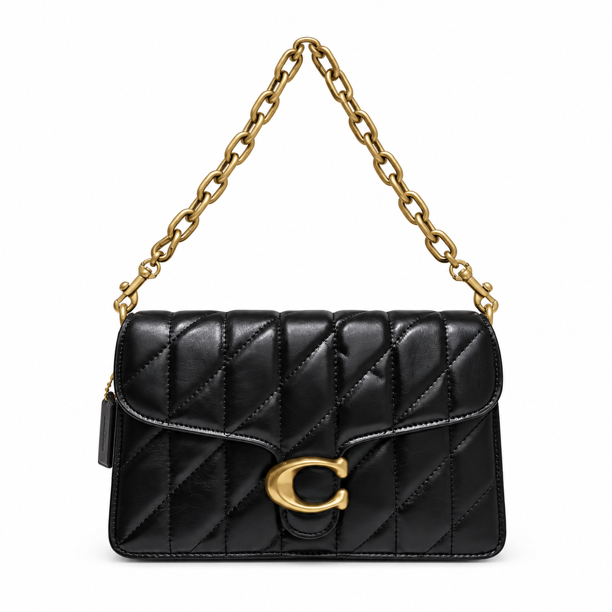 Front view of the preowned Coach Chain Tabby Shoulder Bag With Quilting in Brass/Black with signature C clasp