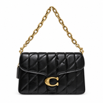 Front view of the preowned Coach Chain Tabby Shoulder Bag With Quilting in Brass/Black with signature C clasp