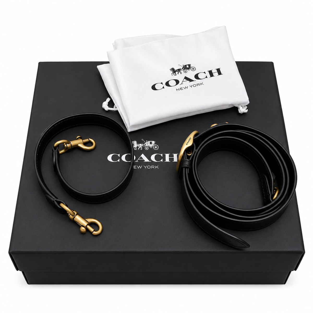 Included accessories for the preowned Coach Chain Tabby set, featuring interchangeable straps, dust bag, and box